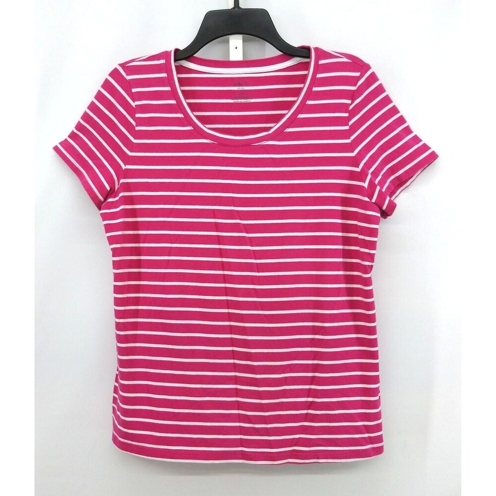 Rafaella Sport Shirt Women Size L Pink White Striped Short Sleeve Scoop Neck Top
